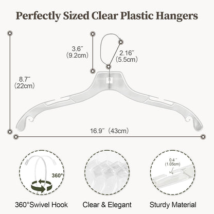 Clear Plastic Hangers 12 Pack, Heavy Duty Clothes Hangers with 360° Swivel Hook, 2.1" Ultra-Wide Non-Slip Notches & Non-Slip Grips for Dresses, Shirts, Coats, Suits