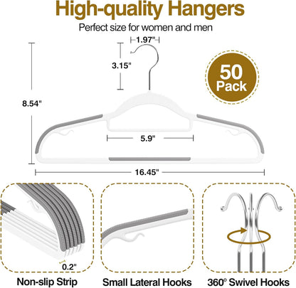 Plastic Hangers 50 Pack, 16.5 in Heavy Duty Clothes Hangers with 360° Swivel Hook, Non-Slip Bar & 0.2" Ultra-Slim Space-Saving Organizers for Coats, Pants, Suits, Shirts, White & Dark Gray