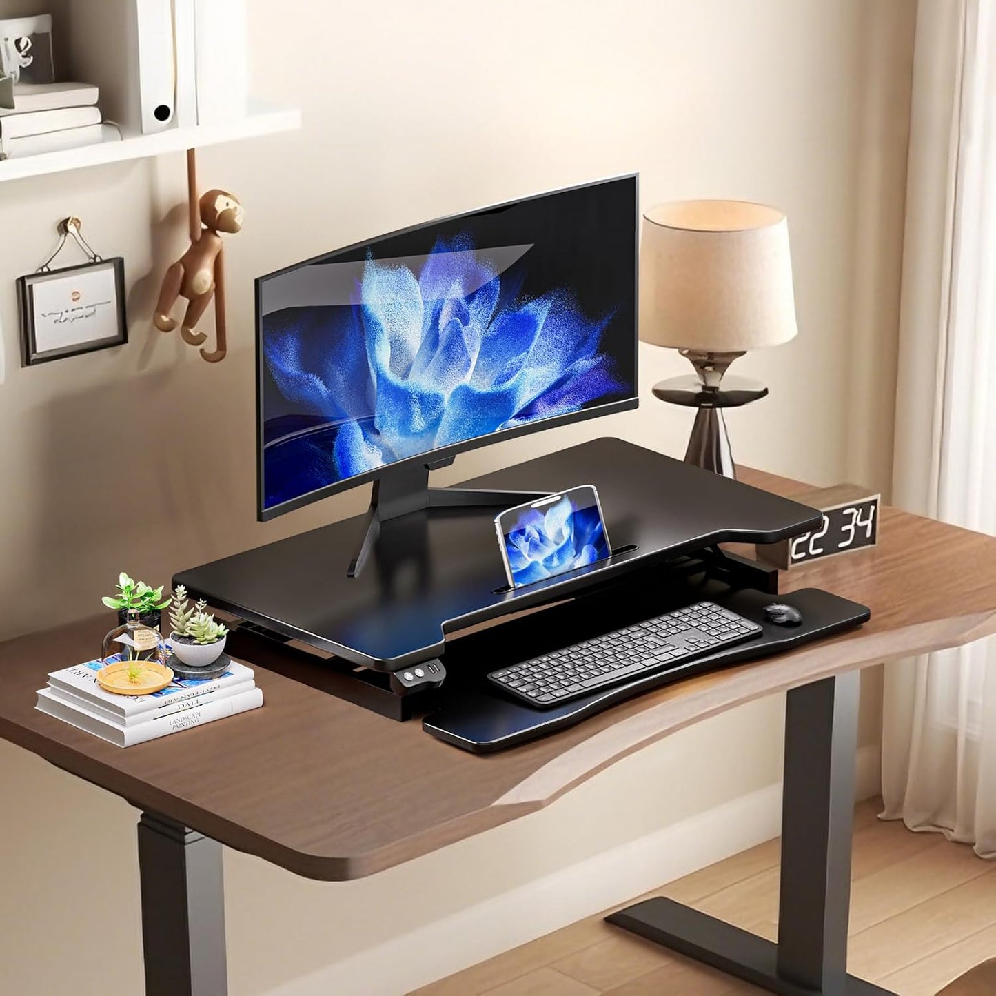 Electric Standing Desk Converter, Height Adjustable Sit to Stand Up Desk Riser with Large Keyboard Tray, Dual Monitor and Laptop Motorized Desktop Workstation for Home & Office, Black