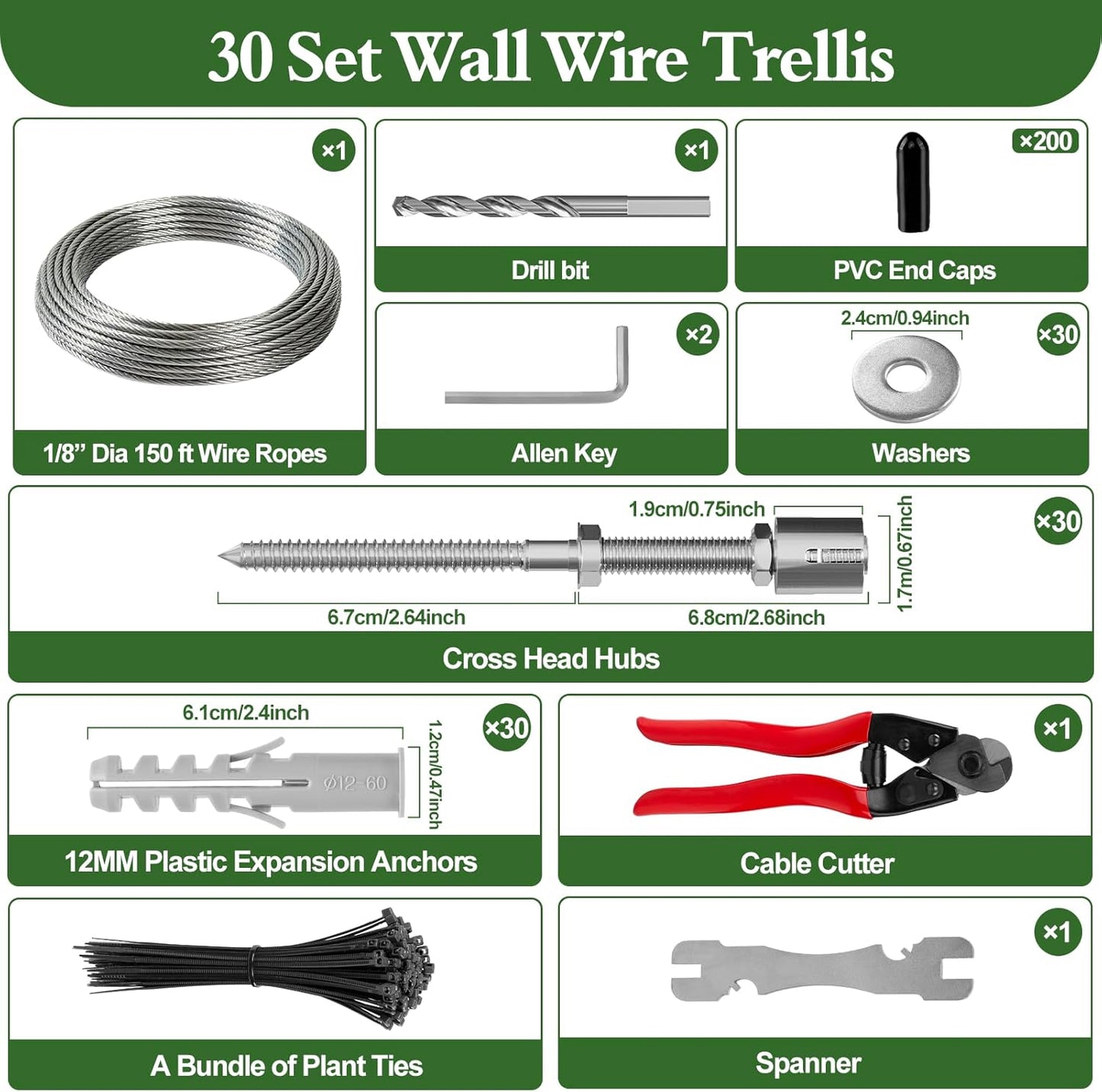Wire Trellis for Climbing Plants Outdoor, 30-Set T316 Stainless Steel Kit, 1/8in x 150ft Ropes with Cable Cutter