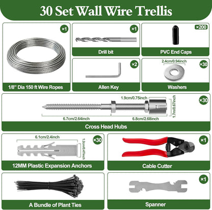 Wire Trellis for Climbing Plants Outdoor, 30-Set T316 Stainless Steel Kit, 1/8in x 150ft Ropes with Cable Cutter