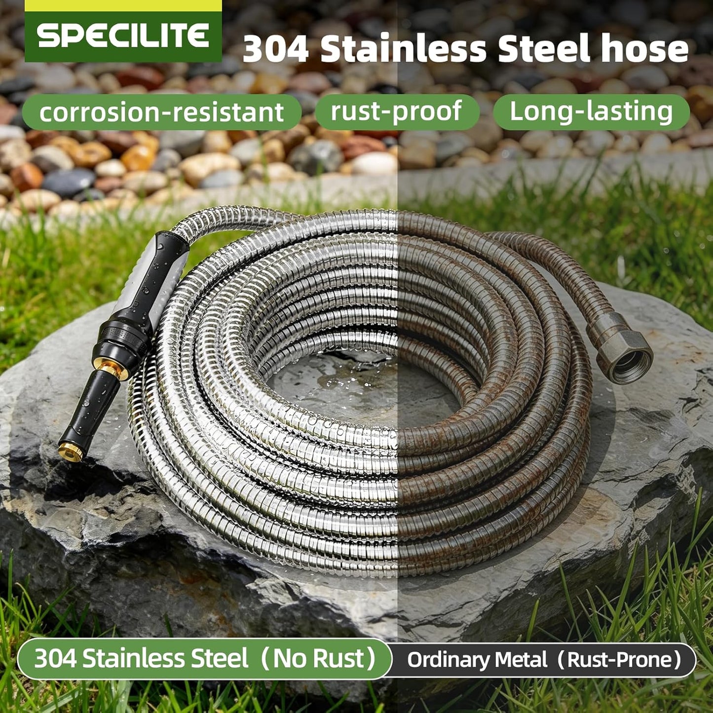 304 Stainless Steel Garden Hose, No Kink with Swivel Handle, Lightweight Metal Water Hose with Brass Adjustable Nozzle