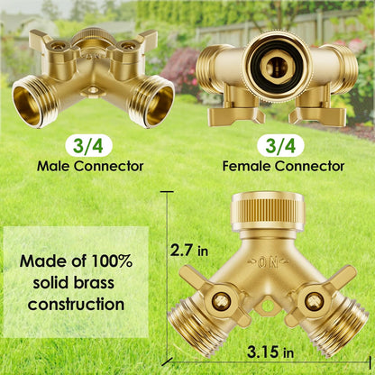 2 Way Full Brass Garden Hose Splitter with 6 Extra Rubber Washers, 1 Teflon Tape