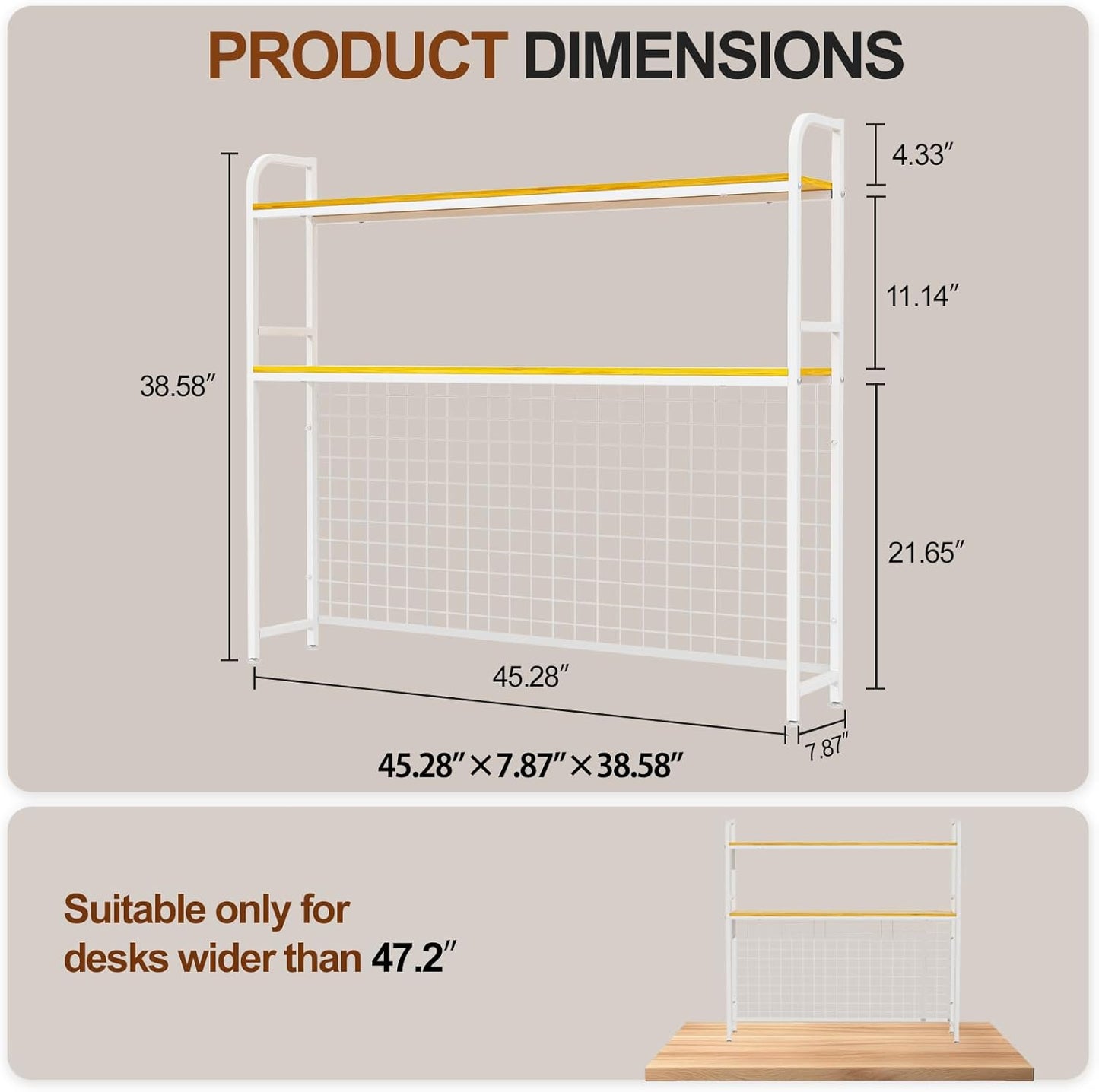 Desk Shelf, 2-Tier Desktop Hutch Bookshelf with Grid Panel, Metal Table Top Bookcase for Computer, Freestanding Countertop Storage Organizer Rack for Dorm, Office & Home, White, 45.3" W
