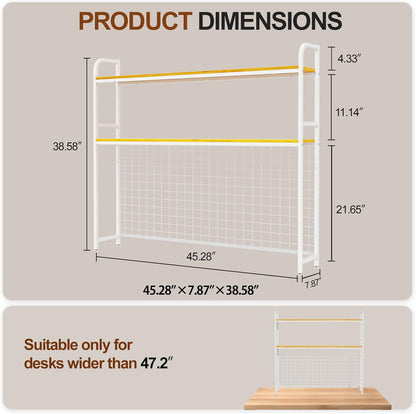 Desk Shelf, 2-Tier Desktop Hutch Bookshelf with Grid Panel, Metal Table Top Bookcase for Computer, Freestanding Countertop Storage Organizer Rack for Dorm, Office & Home, White, 45.3" W