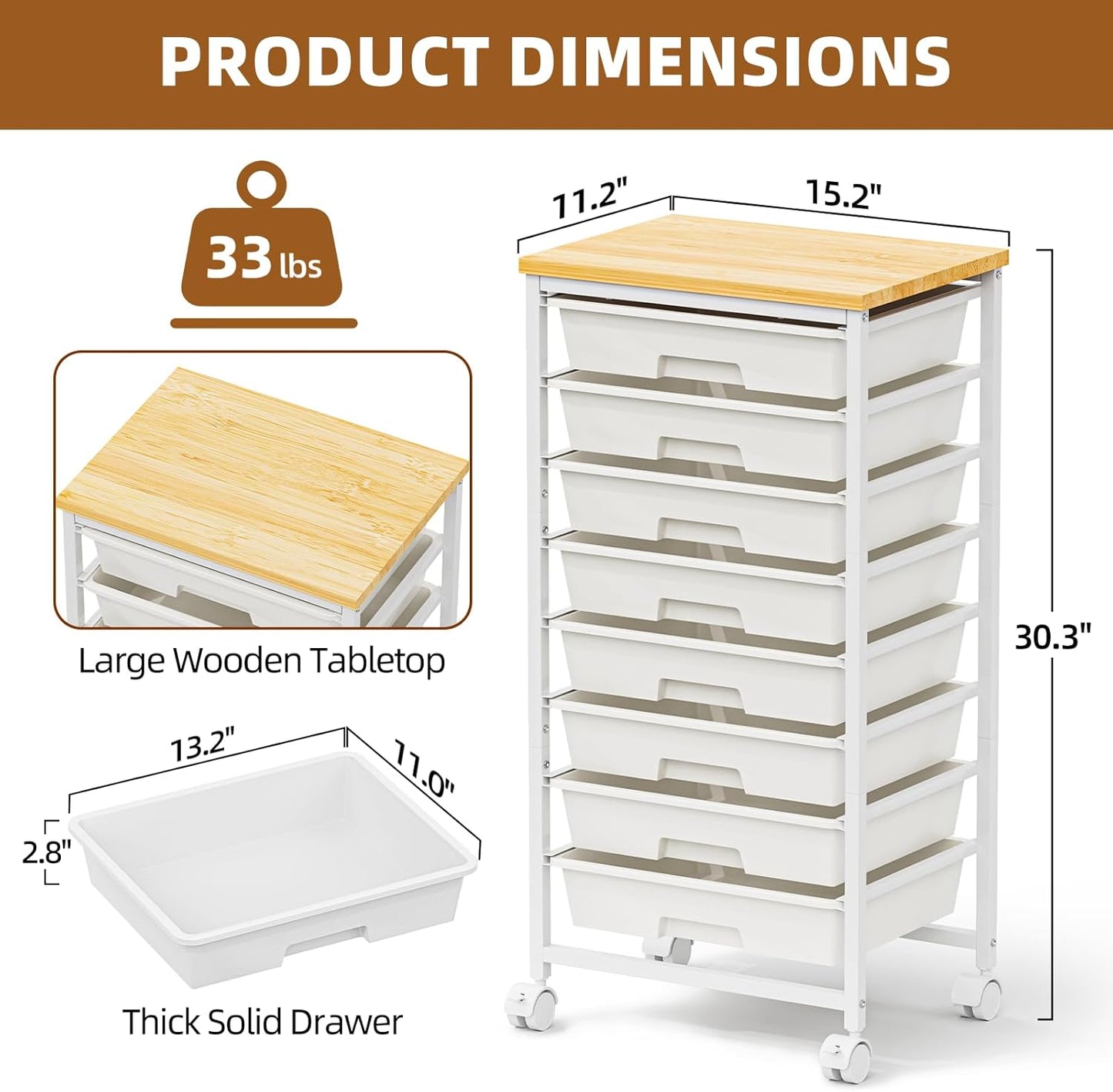 Rolling Storage Cart with 8 Drawers, Utility Cart with Wooden Tabletop and Lockable Wheels, Movable Craft Cart, Craft Storage Organizer