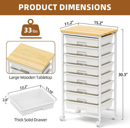 Rolling Storage Cart with 8 Drawers, Utility Cart with Wooden Tabletop and Lockable Wheels, Movable Craft Cart, Craft Storage Organizer