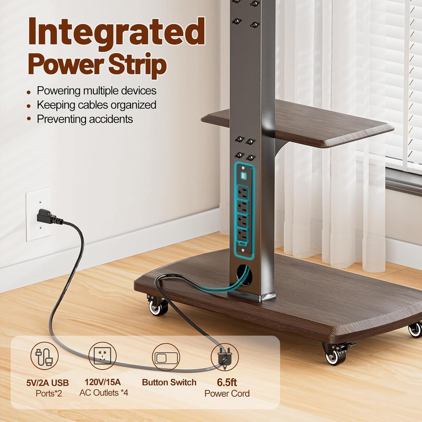 Rolling TV Stand with Power Outlet, Moveable TV Cart with Shelf for 32 to 80 inch TVs up to 131lbs, Height Adjustable, Portable Mobile TV Stand on Wheels for Living Room, Bedroom, Office, Brown