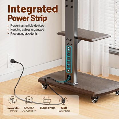 Rolling TV Stand with Power Outlet, Moveable TV Cart with Shelf for 32 to 80 inch TVs up to 131lbs, Height Adjustable, Portable Mobile TV Stand on Wheels for Living Room, Bedroom, Office, Brown