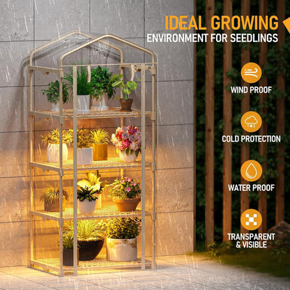 4 Tiers Indoor/Outdoor Mini Greenhouse with Zip, PVC Cover and Dimmable 45W Full Spectrum Plant Light with Timer