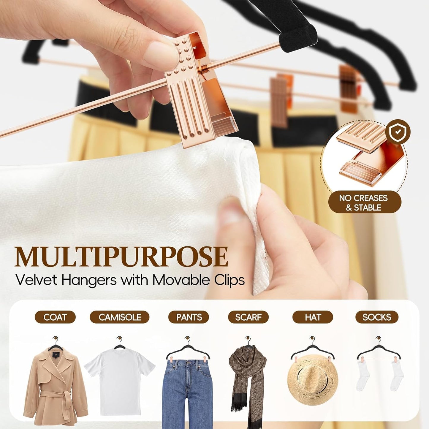 Velvet Hangers with Adjustable Clips 25 Pack, Space Saving, Non-Slip Slim Felt Clothes Hangers for Pants, Skirts, Dress, Suits, Heavy Duty Rose Gold Metal Hanger with 360° Swivel Hook