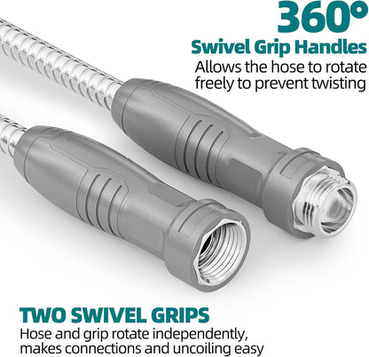 Stainless Steel Garden Water Hose 100 ft with Swivel Handle