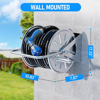 Stainless Steel Garden Hose Reel with 5/8" 75FT Hybrid Rubber Hose and 6FT Leader Pipe, Wall/Floor Metal Mounted Storage Spool, UV Resistant