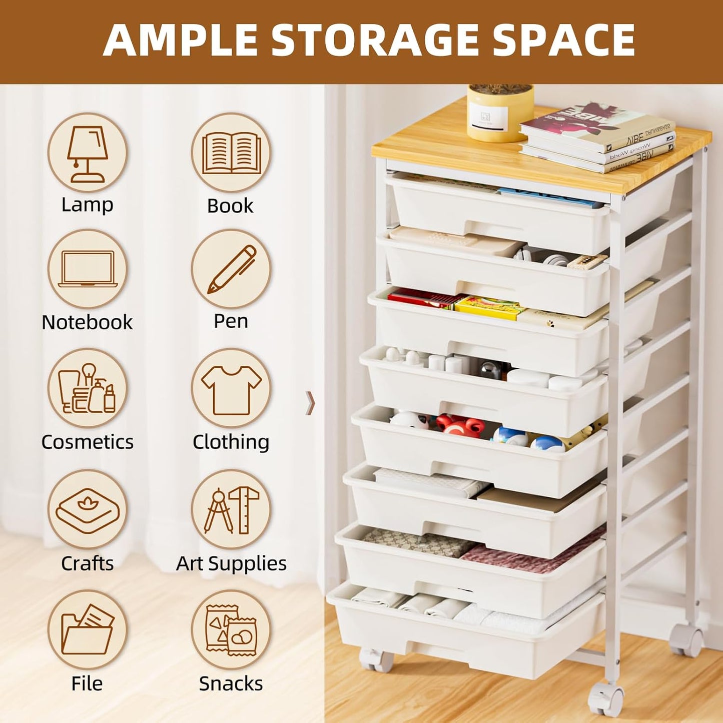 Rolling Storage Cart with 8 Drawers, Utility Cart with Wooden Tabletop and Lockable Wheels, Movable Craft Cart, Craft Storage Organizer