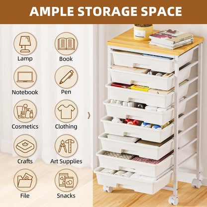Rolling Storage Cart with 8 Drawers, Utility Cart with Wooden Tabletop and Lockable Wheels, Movable Craft Cart, Craft Storage Organizer