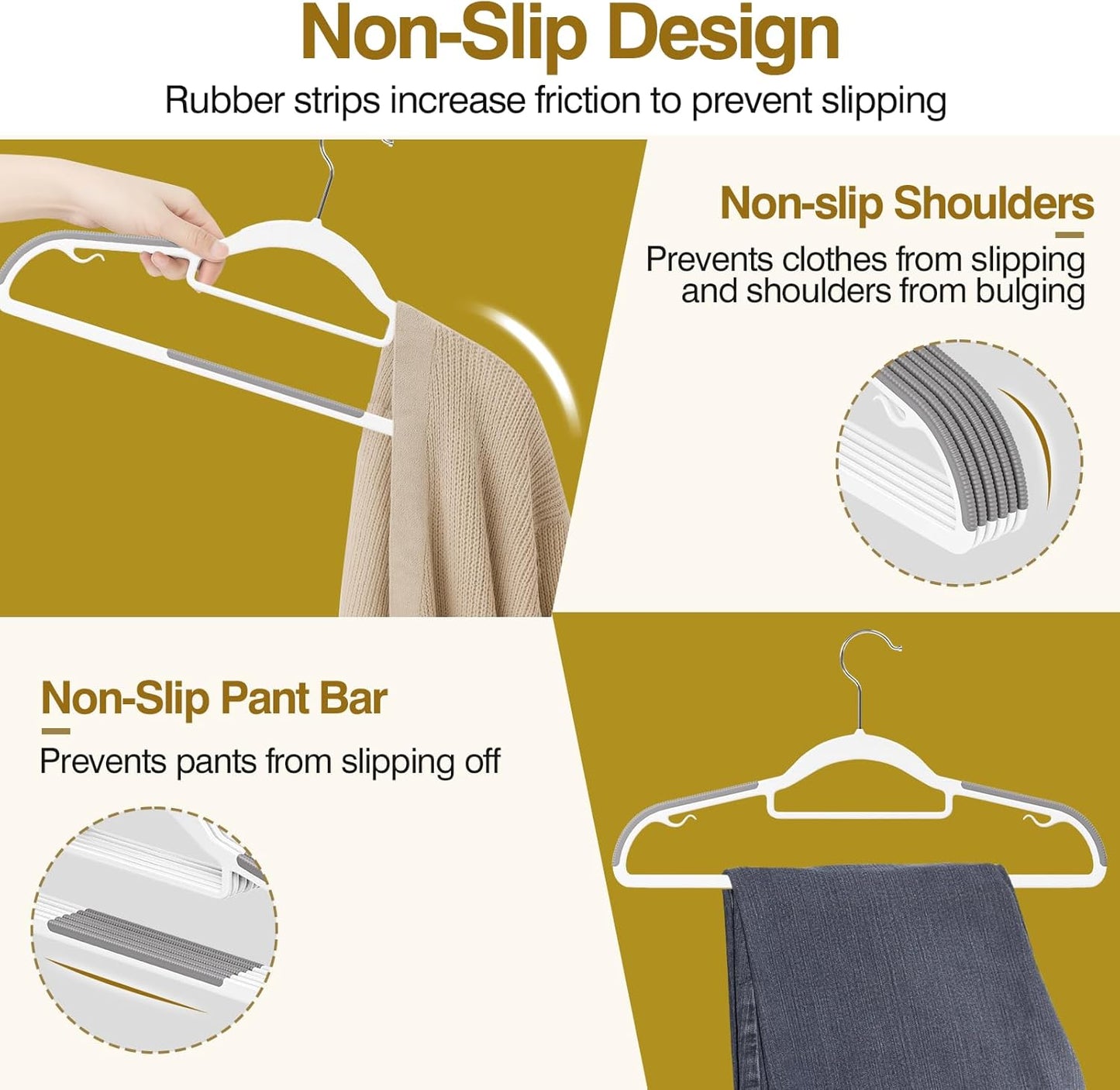 Plastic Hangers 50 Pack, 16.5 in Heavy Duty Clothes Hangers with 360° Swivel Hook, Non-Slip Bar & 0.2" Ultra-Slim Space-Saving Organizers for Coats, Pants, Suits, Shirts, White & Dark Gray