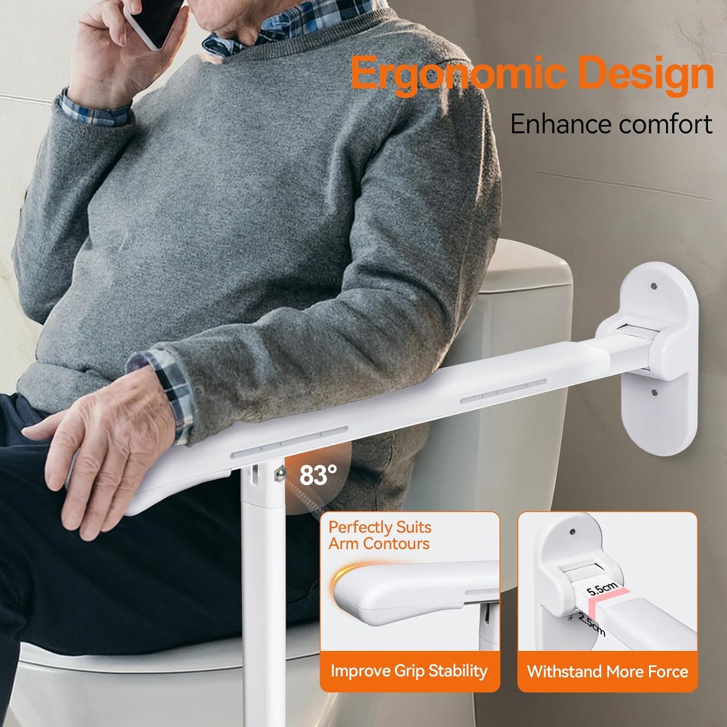 SPECILITE Heavy Duty Toilet Grab Bar - 440lb Sturdy Support, Safety Rails with Non-Slip Waterproof handrail & Night Glow Strips, Space Saving Flip-Up Design for Elderly, Disabled, Pregnant & Injury