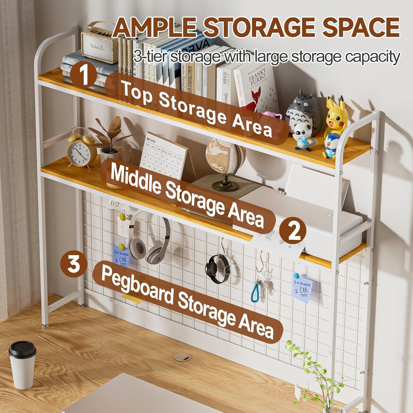 Desk Shelf, 2-Tier Desktop Hutch Bookshelf with Grid Panel, Metal Table Top Bookcase for Computer, Freestanding Countertop Storage Organizer Rack for Dorm, Office & Home, White, 45.3" W