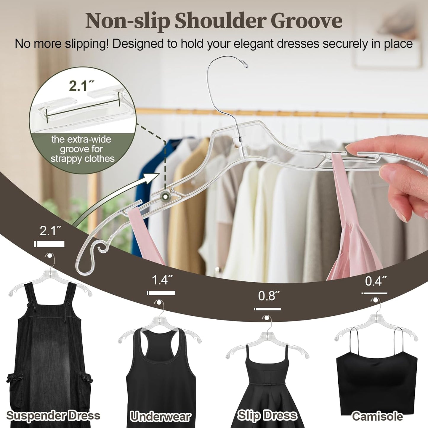 Clear Plastic Hangers 12 Pack, Heavy Duty Clothes Hangers with 360° Swivel Hook, 2.1" Ultra-Wide Non-Slip Notches & Non-Slip Grips for Dresses, Shirts, Coats, Suits