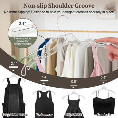 Clear Plastic Hangers 12 Pack, Heavy Duty Clothes Hangers with 360° Swivel Hook, 2.1" Ultra-Wide Non-Slip Notches & Non-Slip Grips for Dresses, Shirts, Coats, Suits