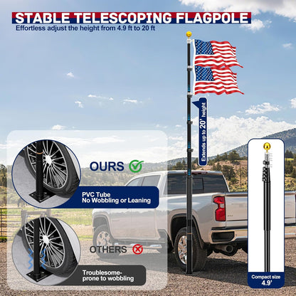 20 FT Tailgate Flag Pole with Tire Mount, Portable Heavy Duty Flag Pole Kit, Dual Mounting Options, RV Telescoping Flagpole with US Flag for Outdoor Tailgating, Camping, Black