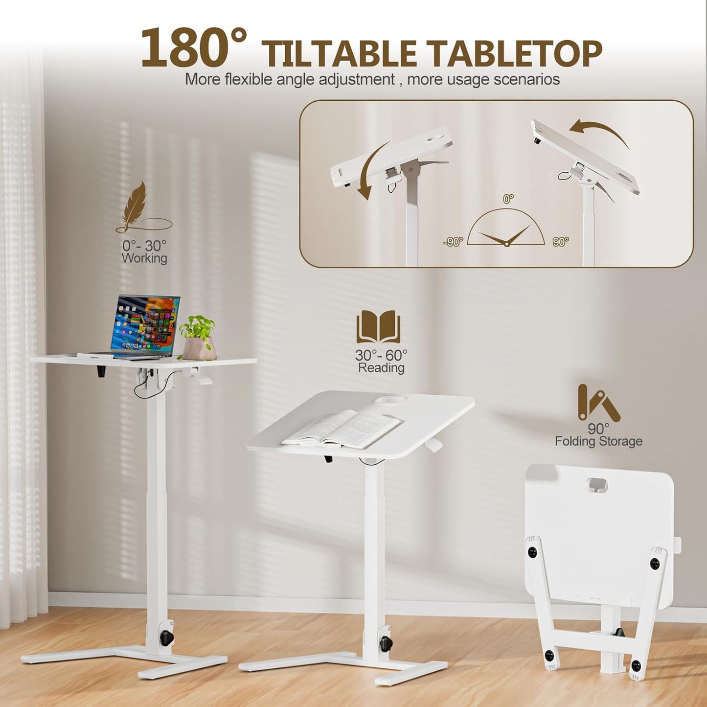 25 Inch Mobile Foldable Standing Desk, 180° Tiltable Portable Rolling Laptop Table, Height Adjustable Sit-Stand Desk with Wheels, No Assembly Computer Workstation for Home Office, White