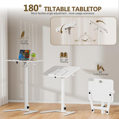 25 Inch Mobile Foldable Standing Desk, 180° Tiltable Portable Rolling Laptop Table, Height Adjustable Sit-Stand Desk with Wheels, No Assembly Computer Workstation for Home Office, White