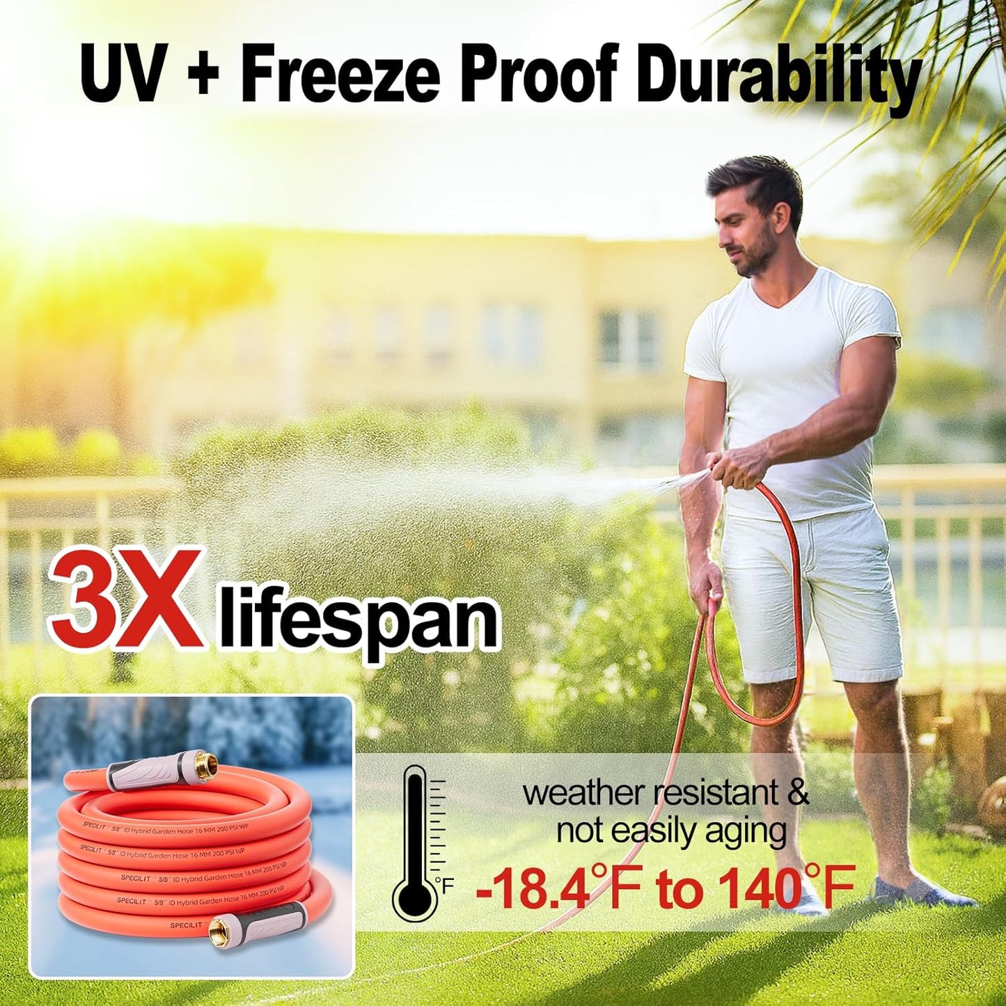 5/8" Garden Hose with 360° Rotating Grip, No Kink, Anti-UV, Heavy Duty, Flexible Water Pipe with 3/4'' Brass Fittings