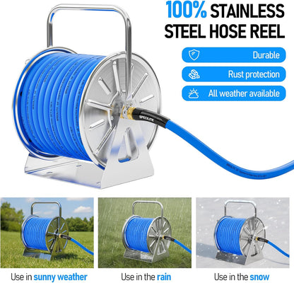 Stainless Steel Garden Hose Reel with 5/8'' x Hot/Cold 75 FT Water Hose and 6FT Leader Pipe, -50℉ -190℉, Wall/Floor Metal Mounted Spool Storage, UV Resistant