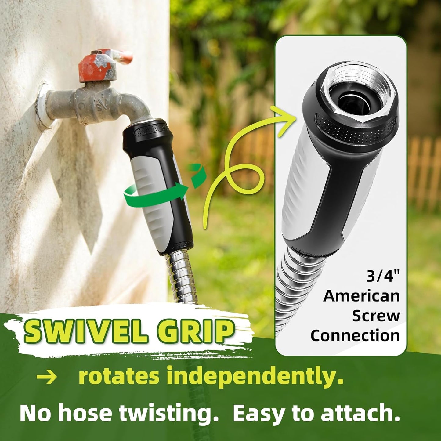 304 Stainless Steel Garden Hose, No Kink with Swivel Handle, Lightweight Metal Water Hose with Brass Adjustable Nozzle