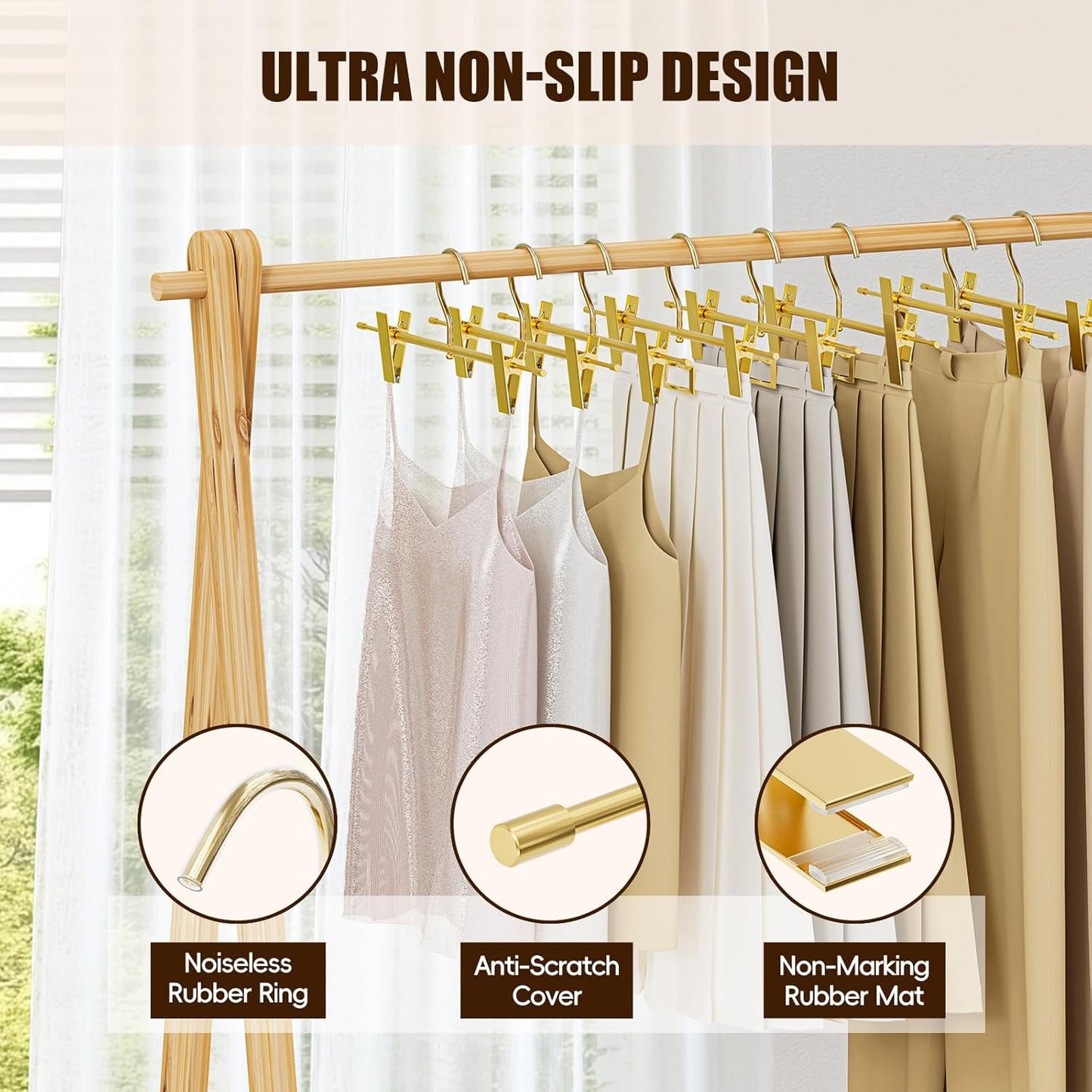10-Pack Matte Gold Aluminum Pants Hangers with 2 Adjustable Clips & 360° Swivel Hooks, Lightweight & Sturdy, Non-Slip Rubber Pads