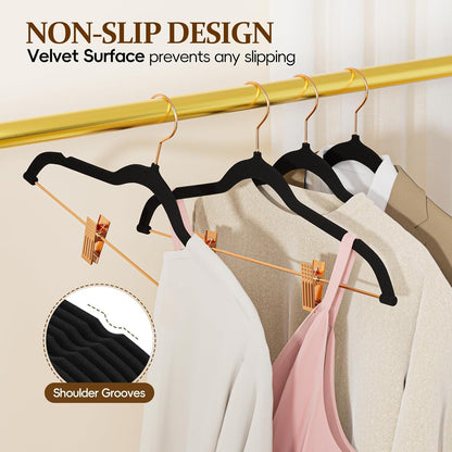 Velvet Hangers with Adjustable Clips 25 Pack, Space Saving, Non-Slip Slim Felt Clothes Hangers for Pants, Skirts, Dress, Suits, Heavy Duty Rose Gold Metal Hanger with 360° Swivel Hook