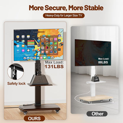 Rolling TV Stand with Power Outlet, Moveable TV Cart with Shelf for 32 to 80 inch TVs up to 131lbs, Height Adjustable, Portable Mobile TV Stand on Wheels for Living Room, Bedroom, Office, Brown