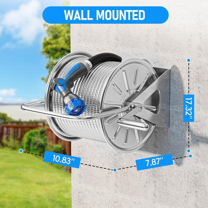 Stainless Steel Garden Hose Reel with 100FT Drinking Water Hose and 6.2FT Leader Pipe, Wall/Floor Mounted Metal Spool with Crank Handle, UV Resistant