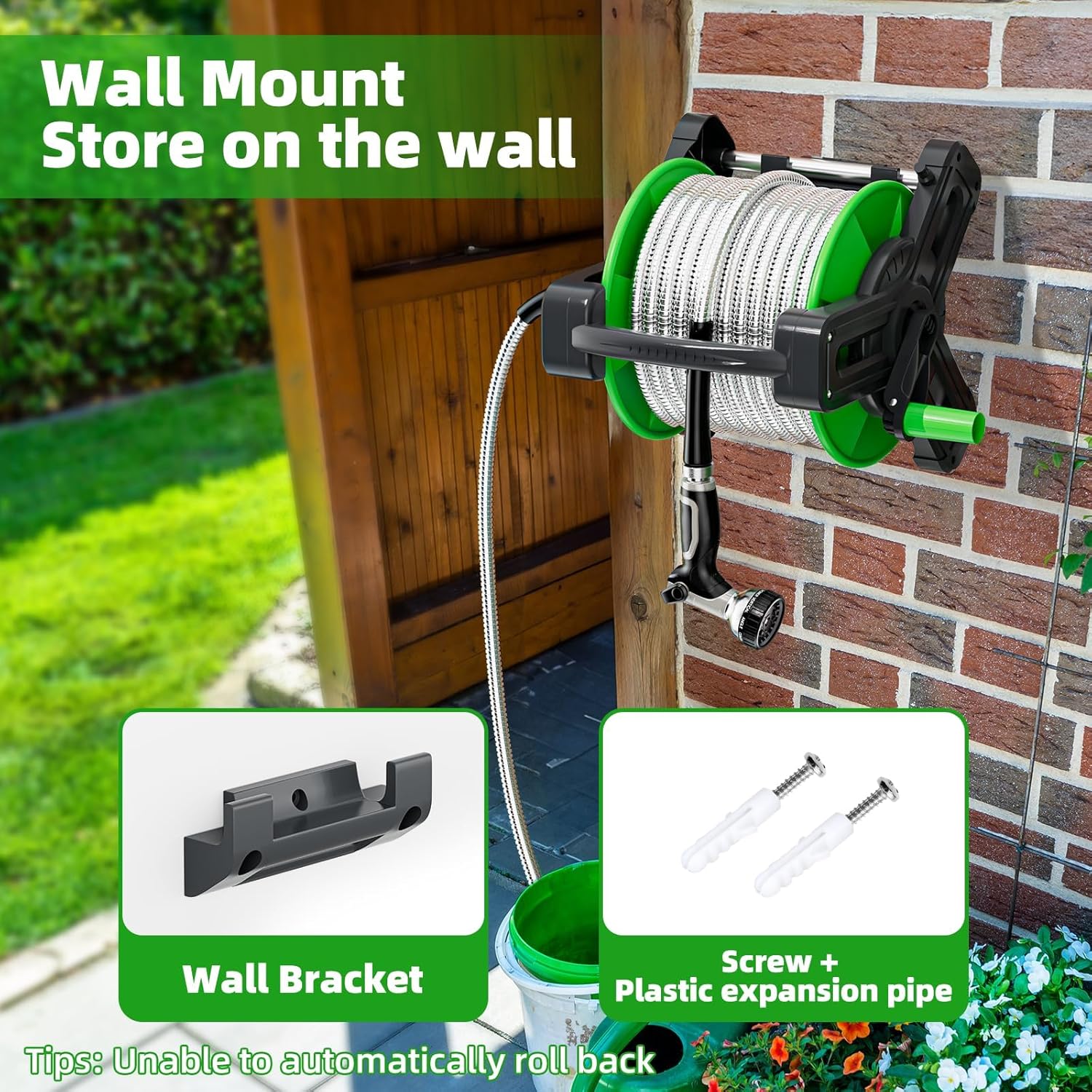Portable Garden Hose Reel with 75ft 304 Stainless Steel Water Pipe, 6.5Ft Guide Water Pipe, Wall Mount/Floor Spool