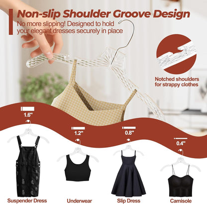 Clear Plastic Hangers 12 Pack, Durable Crystal Heavy Duty Clothes Hangers with Non-Slip Notches & 360° Swivel Hook, Space Saving, Ideal for Coats, Suits, Dresses, Shirts