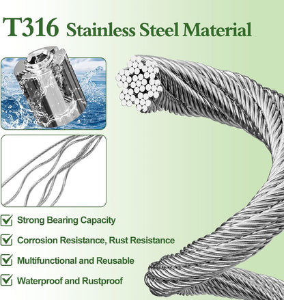 Wire Trellis for Climbing Plants Outdoor, 30-Set T316 Stainless Steel Kit, 1/8in x 150ft Ropes with Cable Cutter