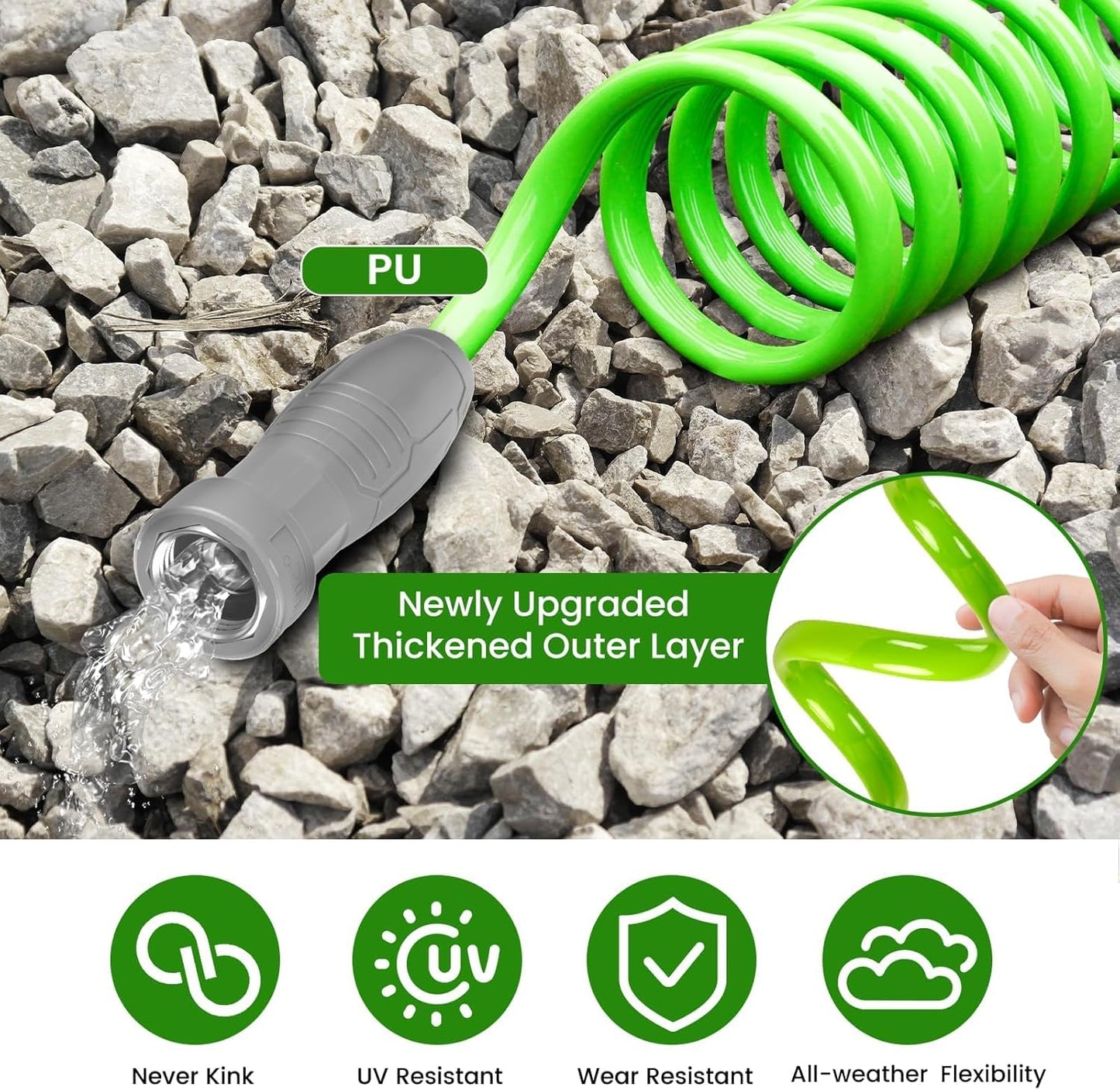 SPECILITE 1/2” Polyurethane Coil Garden Hose 50 FT, PU Flexible Recoil Water Hoses with 6-Pattern Spray Nozzle