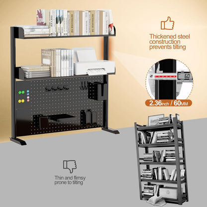 Adjustable Desktop Hutch Bookshelf, Desk Shelf Organizer with Pegboard and Thickened Metal Frame, 2 Tier Display Rack, Countertop Storage, Wood Bookcase for Home, Dorm or Office, Black, 38.9" W