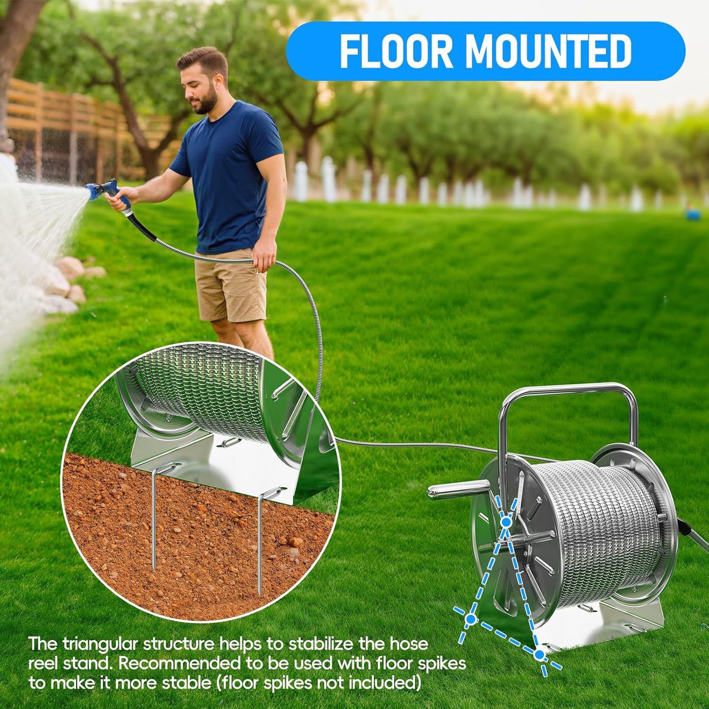 Stainless Steel Garden Hose Reel with 100FT Drinking Water Hose and 6.2FT Leader Pipe, Wall/Floor Mounted Metal Spool with Crank Handle, UV Resistant