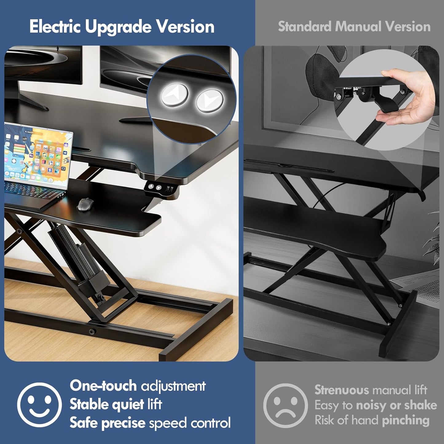 Electric Standing Desk Converter, Height Adjustable Sit to Stand Up Desk Riser with Large Keyboard Tray, Dual Monitor and Laptop Motorized Desktop Workstation for Home & Office, Black