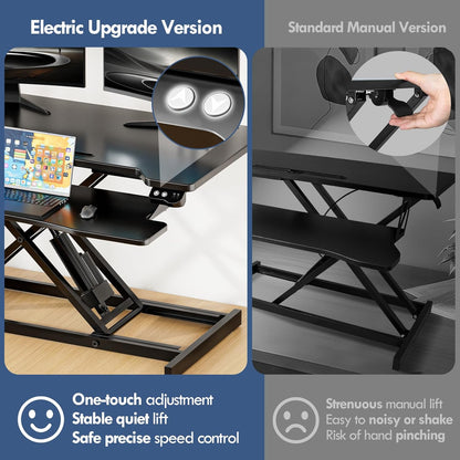 Electric Standing Desk Converter, Height Adjustable Sit to Stand Up Desk Riser with Large Keyboard Tray, Dual Monitor and Laptop Motorized Desktop Workstation for Home & Office, Black