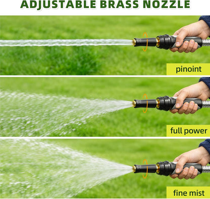 304 Stainless Steel Garden Hose, No Kink with Swivel Handle, Lightweight Metal Water Hose with Brass Adjustable Nozzle