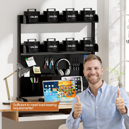 Adjustable Desktop Hutch Bookshelf, Desk Shelf Organizer with Pegboard and Thickened Metal Frame, 2 Tier Display Rack, Countertop Storage, Wood Bookcase for Home, Dorm or Office, Black, 38.9" W