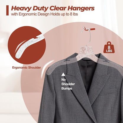 Clear Plastic Hangers 12 Pack, Durable Crystal Heavy Duty Clothes Hangers with Non-Slip Notches & 360° Swivel Hook, Space Saving, Ideal for Coats, Suits, Dresses, Shirts