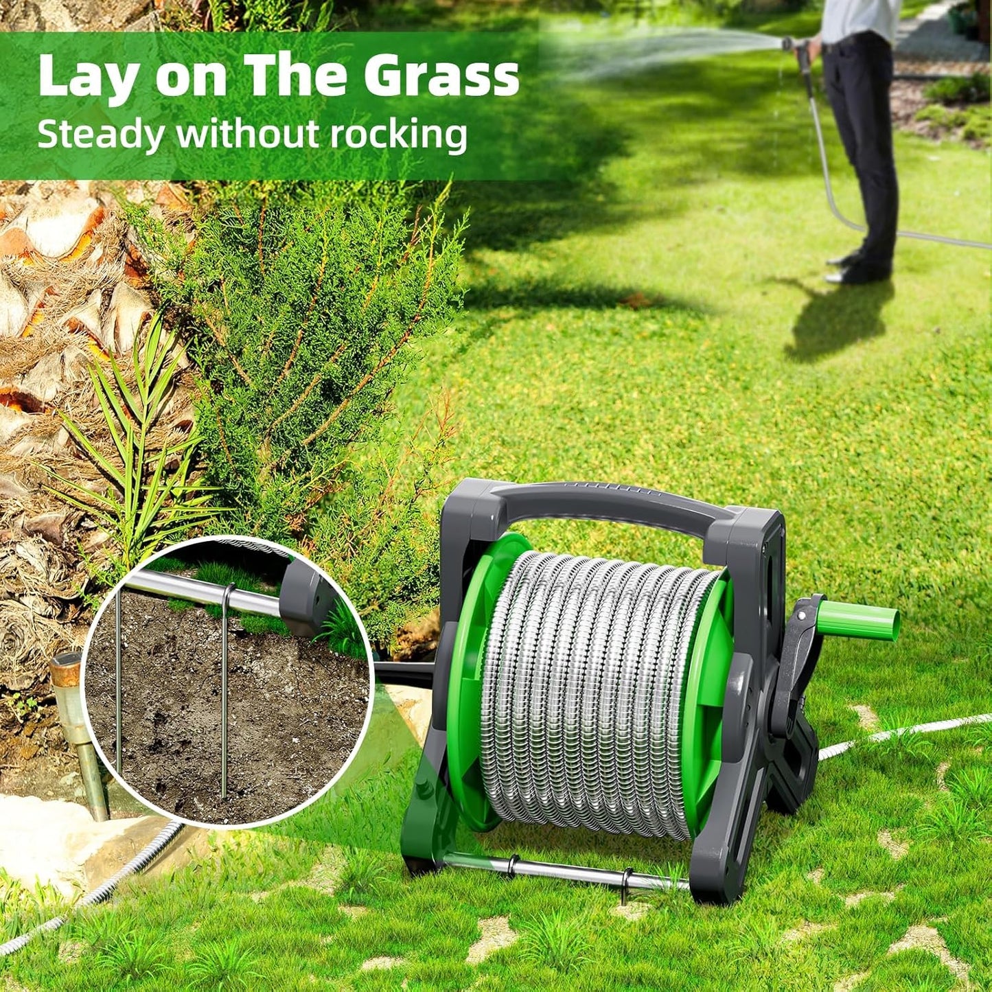 Portable Garden Hose Reel with 75ft 304 Stainless Steel Water Pipe, 6.5Ft Guide Water Pipe, Wall Mount/Floor Spool