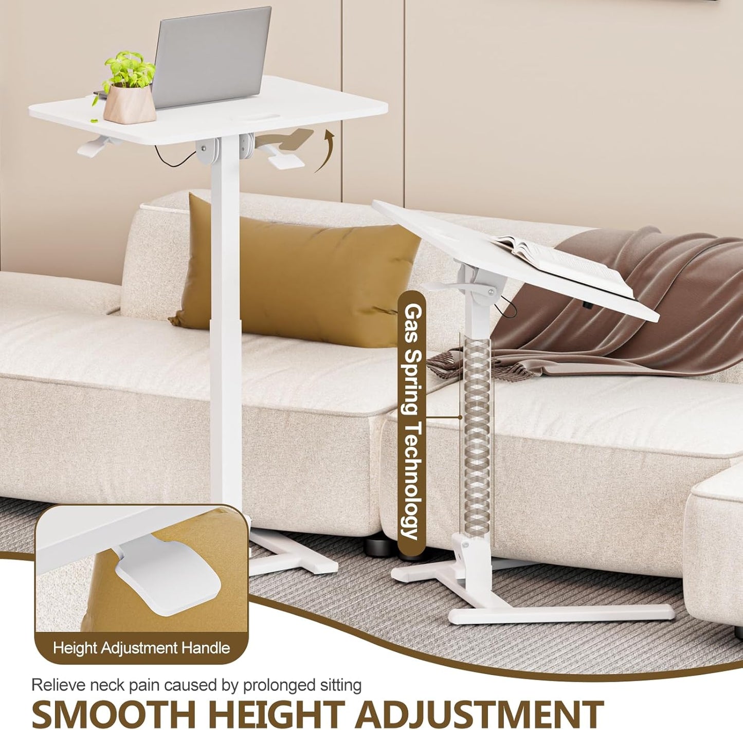 25 Inch Mobile Foldable Standing Desk, 180° Tiltable Portable Rolling Laptop Table, Height Adjustable Sit-Stand Desk with Wheels, No Assembly Computer Workstation for Home Office, White