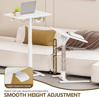 25 Inch Mobile Foldable Standing Desk, 180° Tiltable Portable Rolling Laptop Table, Height Adjustable Sit-Stand Desk with Wheels, No Assembly Computer Workstation for Home Office, White