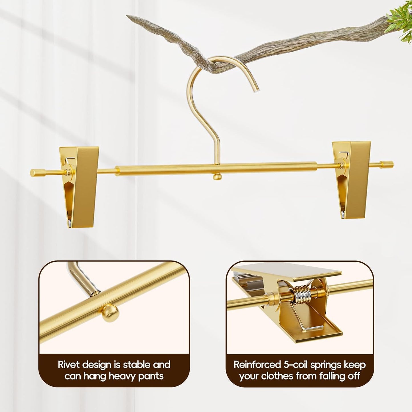 10-Pack Matte Gold Aluminum Pants Hangers with 2 Adjustable Clips & 360° Swivel Hooks, Lightweight & Sturdy, Non-Slip Rubber Pads