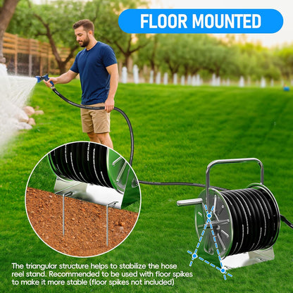 Stainless Steel Garden Hose Reel with 5/8" 75FT Hybrid Rubber Hose and 6FT Leader Pipe, Wall/Floor Metal Mounted Storage Spool, UV Resistant